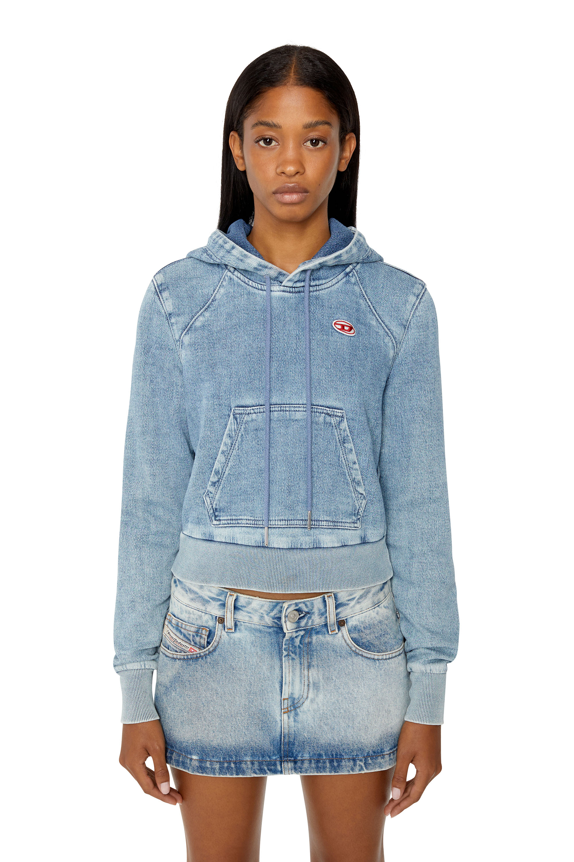Diesel - D-ANGY TRACK DENIM HOODIE, Woman's Crop hoodie in Track Denim in Light Blue - 3