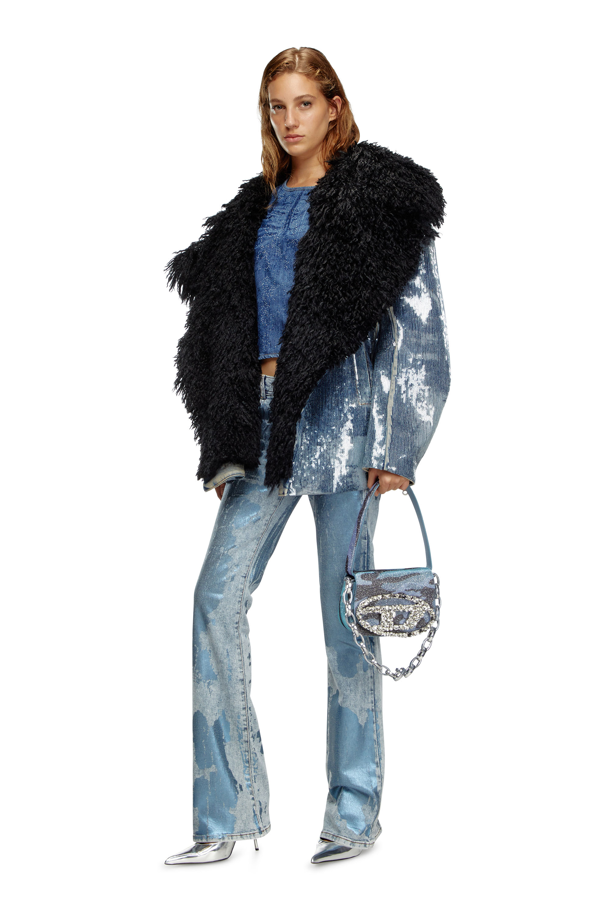 Diesel - DE-BIKA-S, Woman's Sequin denim jacket with shaggy collar in Medium blue - 2