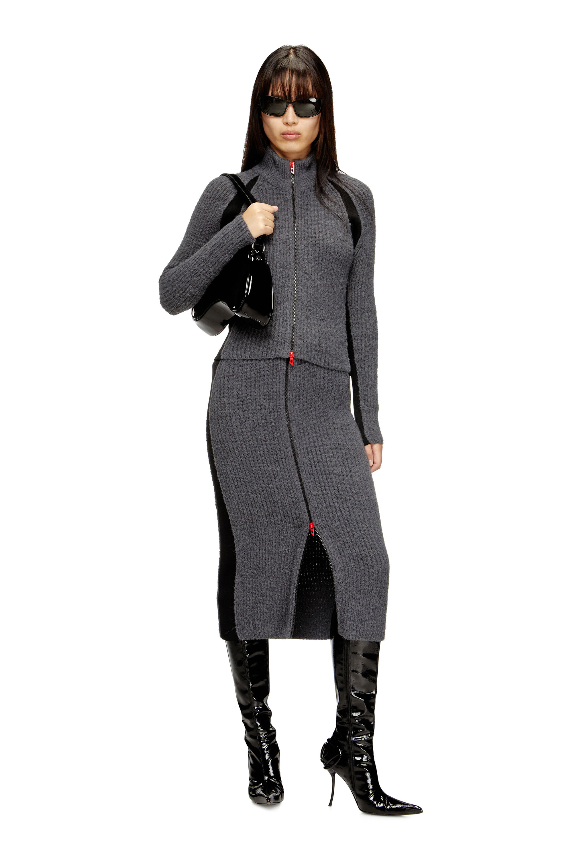 Diesel - M-LOUISE, Woman's Alpaca-blend cardigan with contrast inserts in Grey - 1