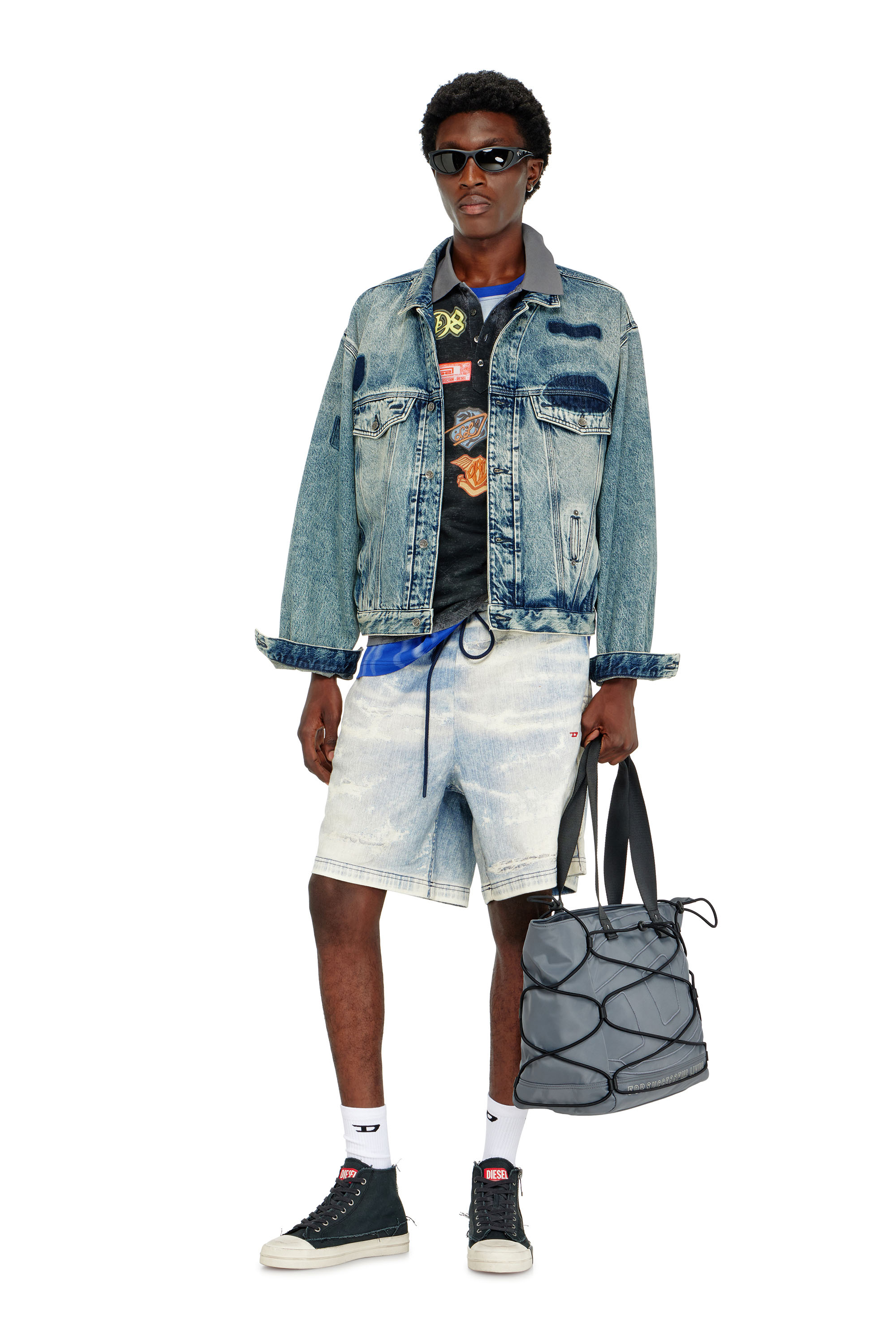 Diesel - D-DENVER-S2, Unisex's Trucker jacket with patch effects in Medium blue - 1