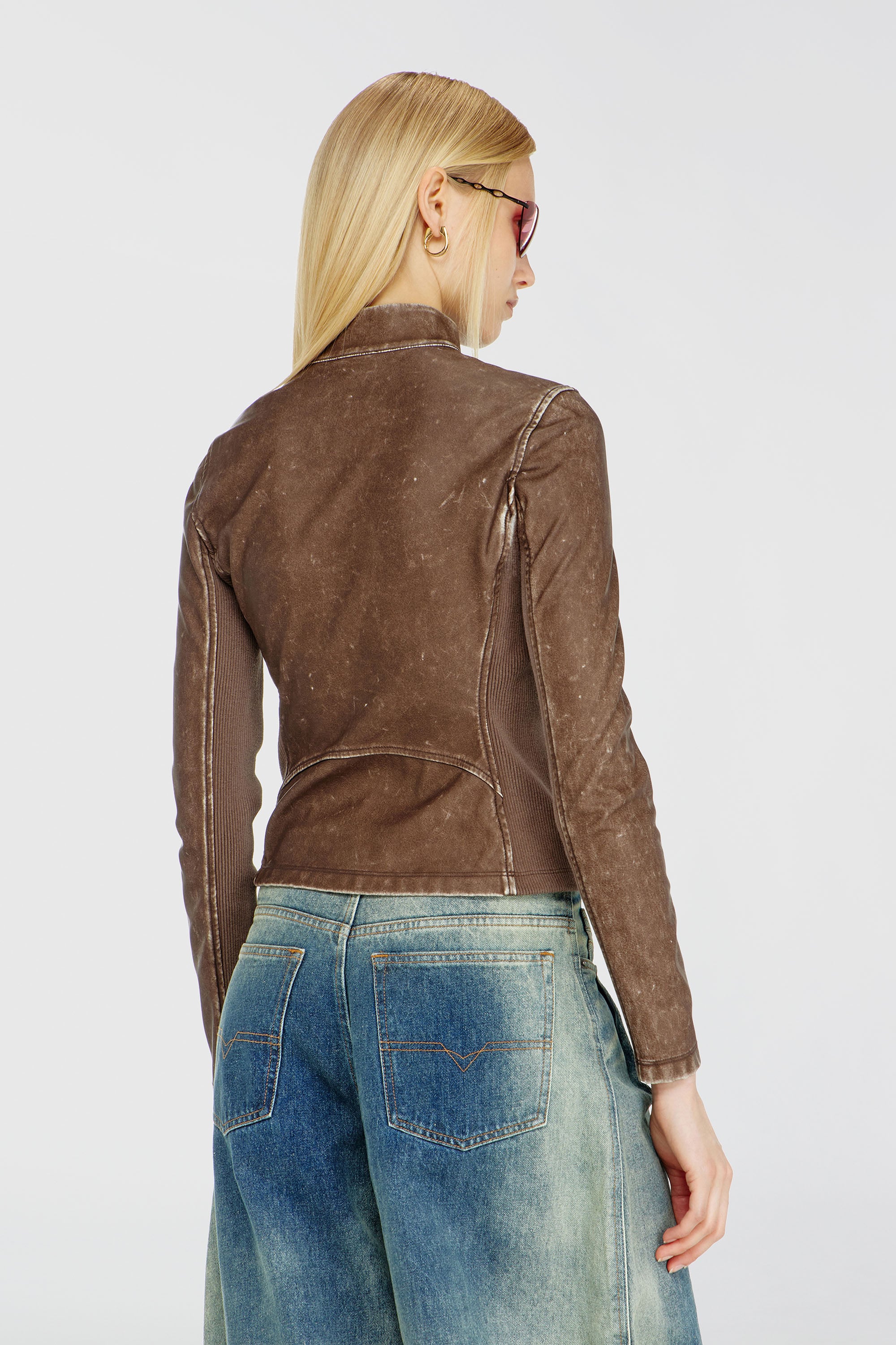 Diesel - T-HUNDER, Woman's Biker jacket with rib-knit inserts in Brown - 2