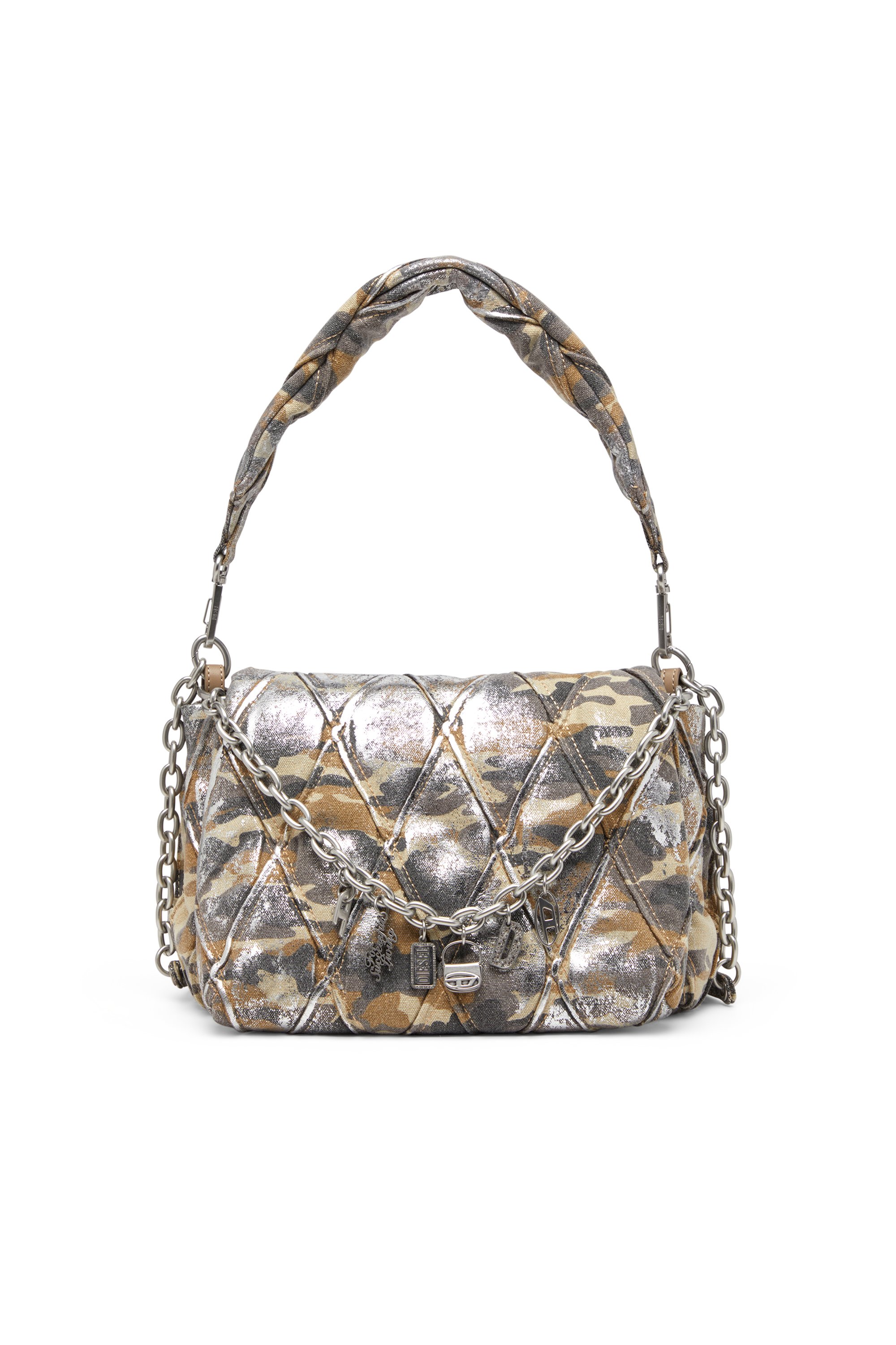 Diesel - CHARM-D SHOULDER M, Woman's Charm-D M-Shoulder bag in metallic camo canvas in Multicolor/Brown - 2