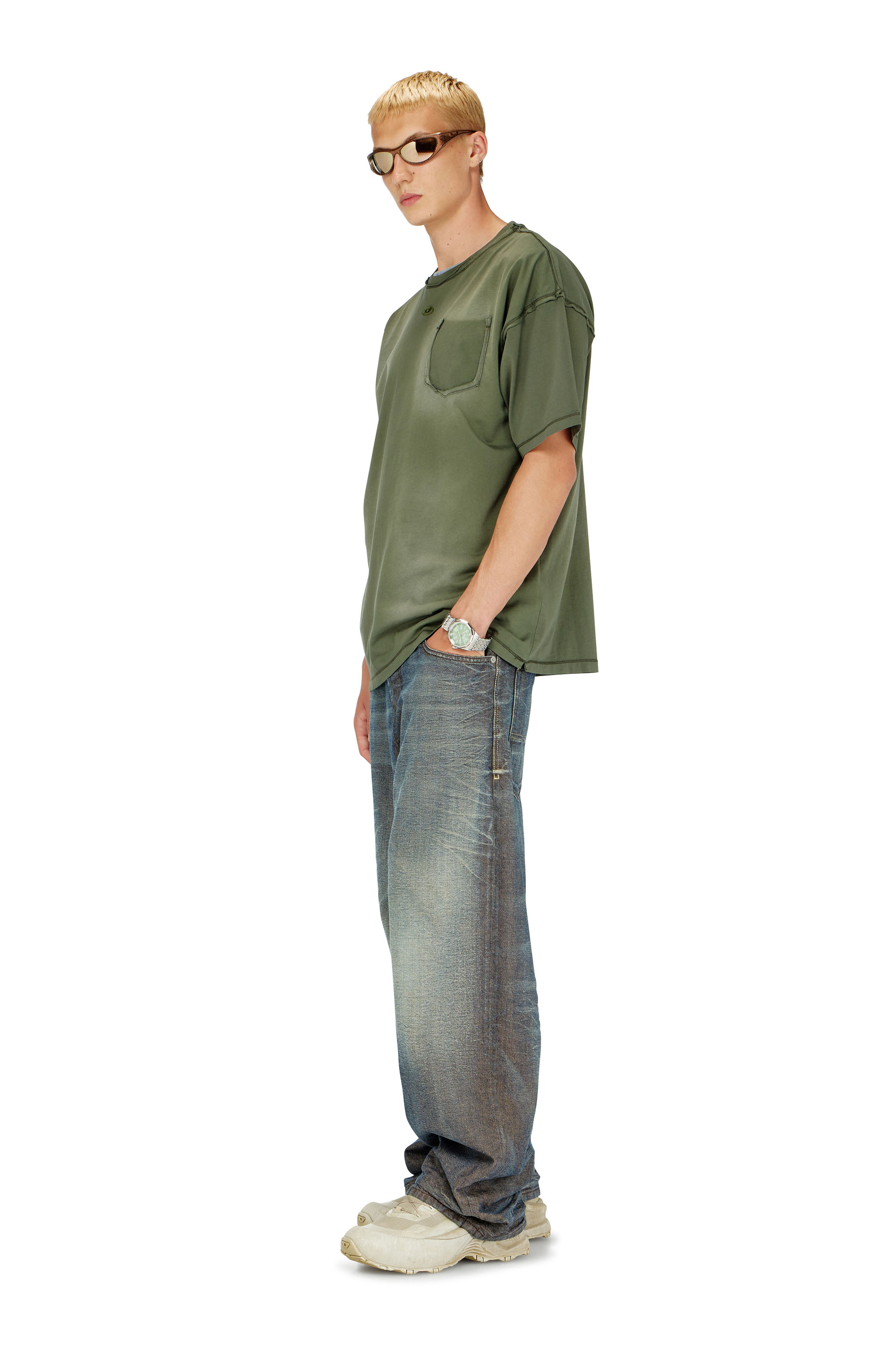 Diesel - T-POCK, Man's Faded T-shirt with ripped pocket detail in Green - 2