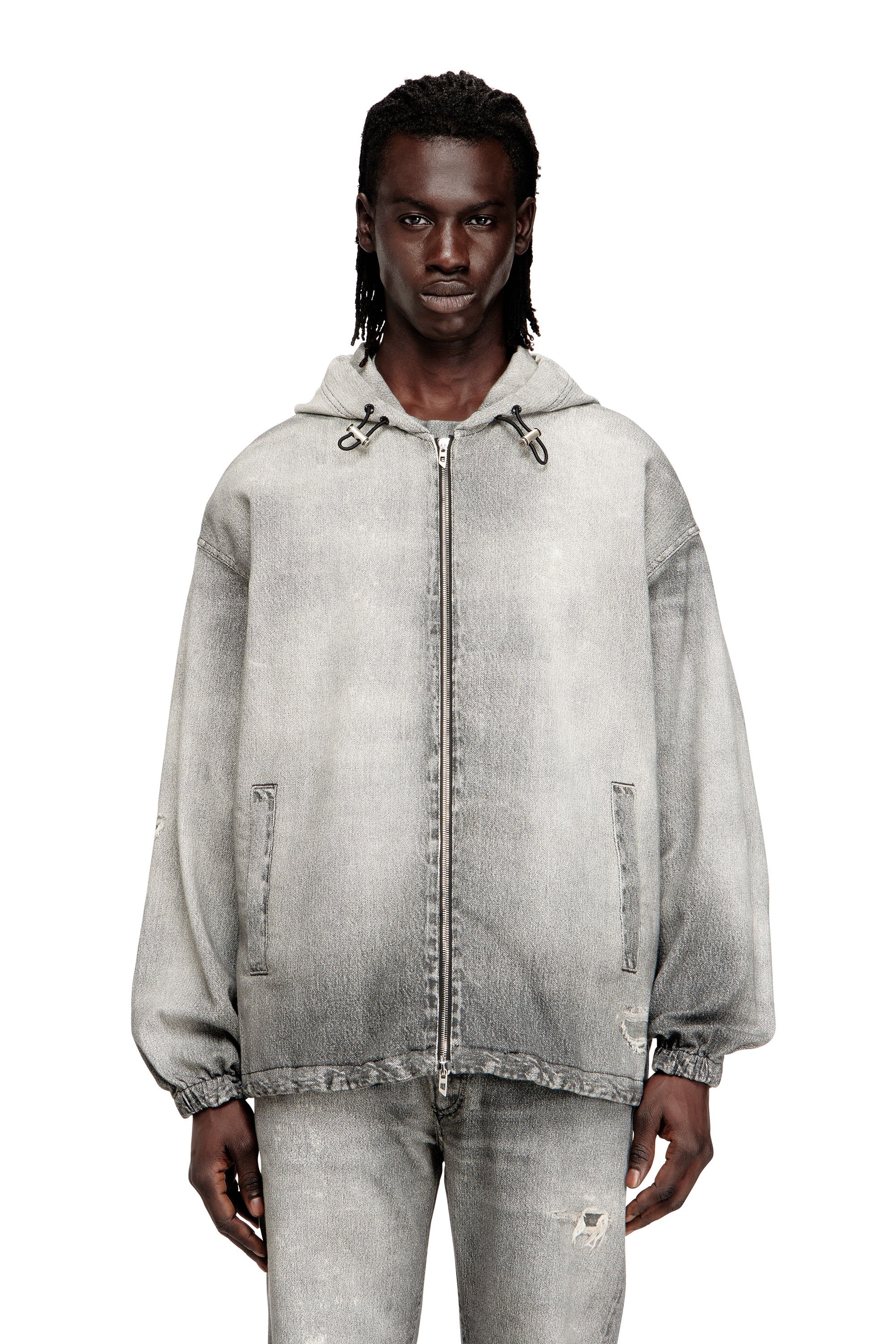 Diesel - D-WYNNY JOGG, Man's Hooded jacket in trompe l'oeil JoggJeans in Grey - 1