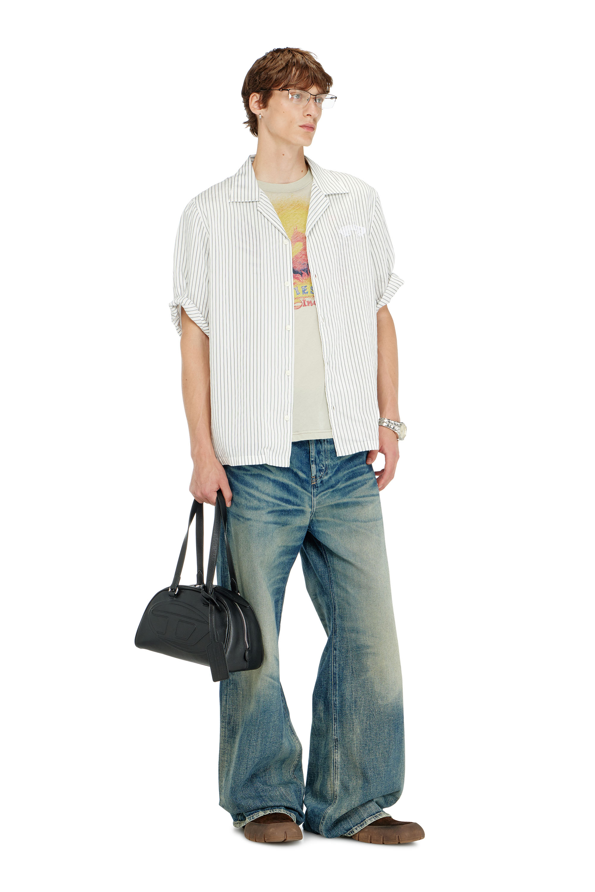 Diesel - S-MAC-EFBV, Man's Half-sleeve shirt in pinstripe modal in White/Grey - 2