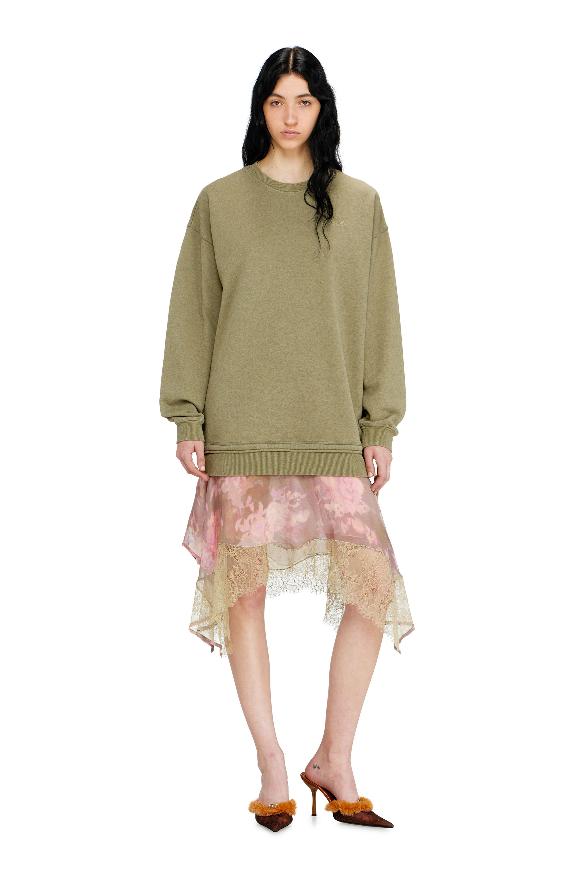 Diesel - D-ORELY, Woman's Sweatshirt dress with chiffon and lace skirt in Green/Pink - 2