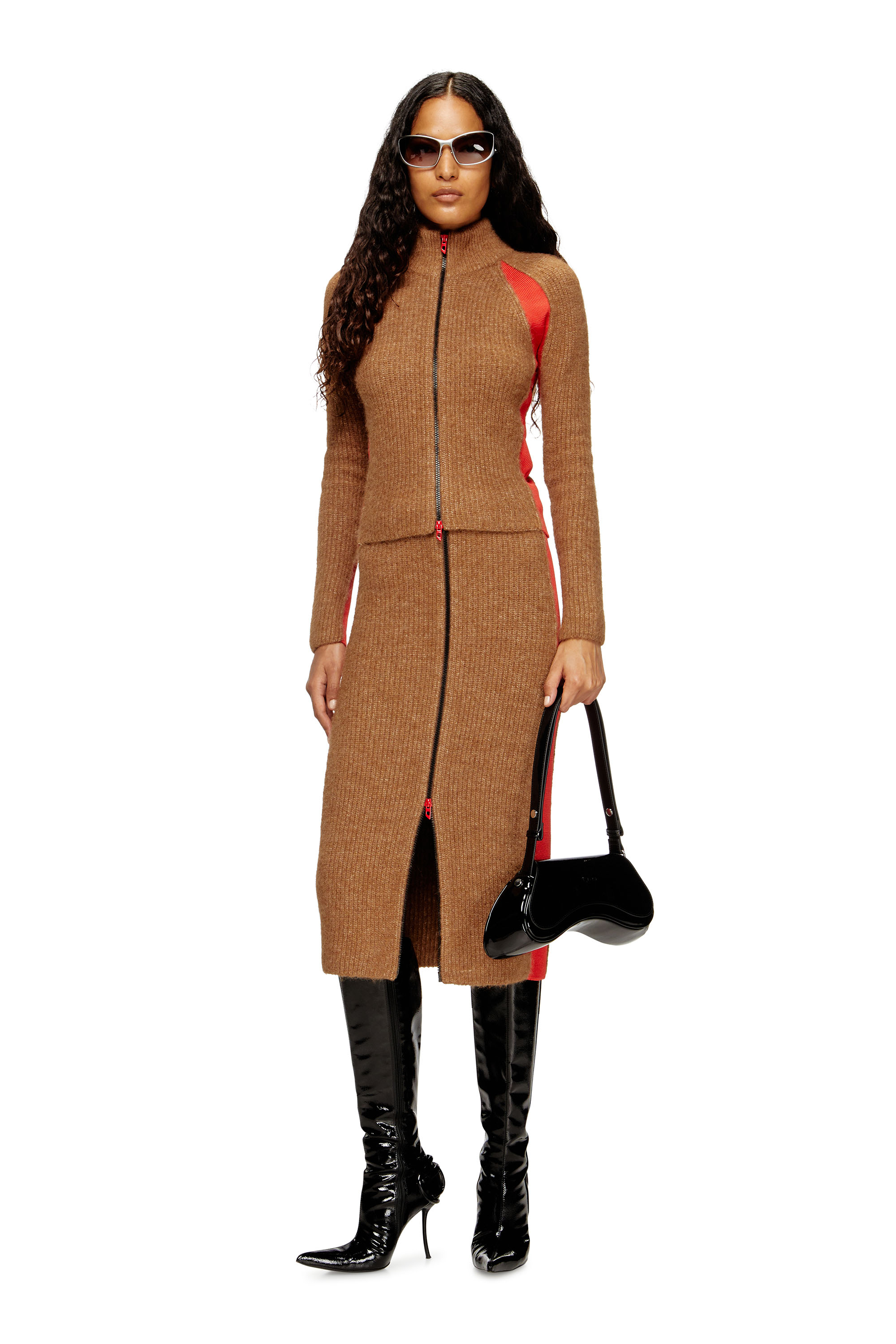 Diesel - M-LOUISE, Woman's Alpaca-blend cardigan with contrast inserts in Brown - 1