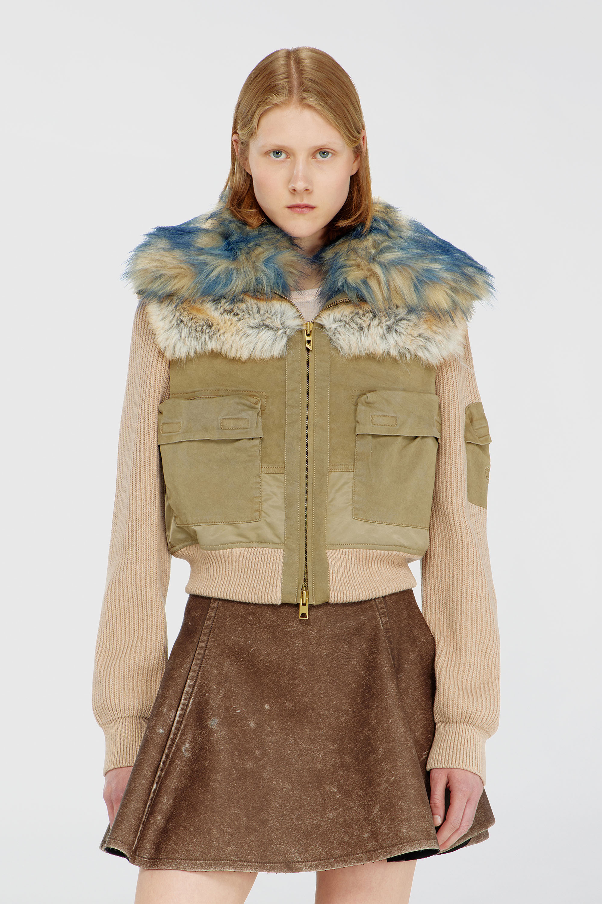 Diesel - G-USTAV, Woman's Bomber jacket with rib-knit and plush trims in Beige - 1