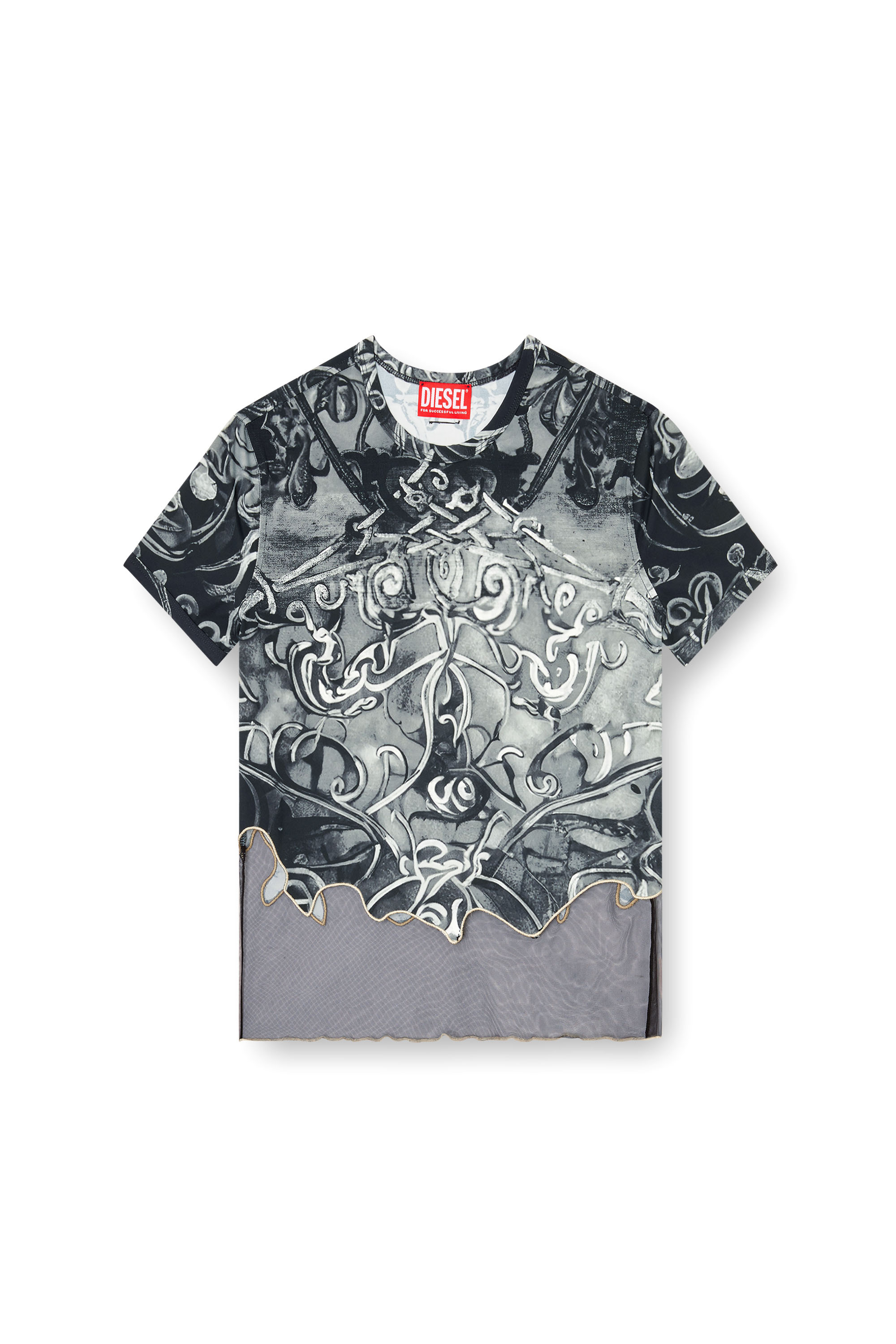 Diesel - T-INLAY, Woman's Nylon T-shirt with Heraldic print in Black/Grey - 3