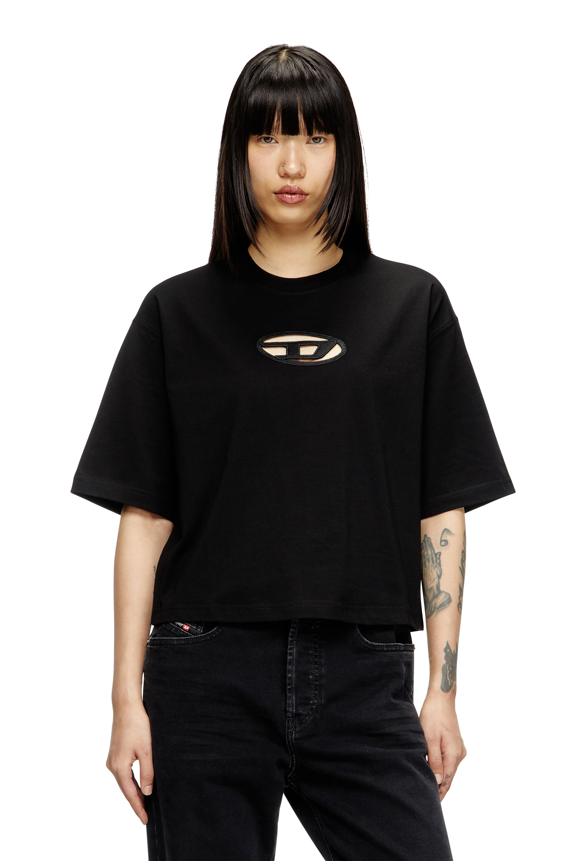 Diesel - T-ROWY-OD, Woman's Boxy T-shirt with embroidered D in Black - 3