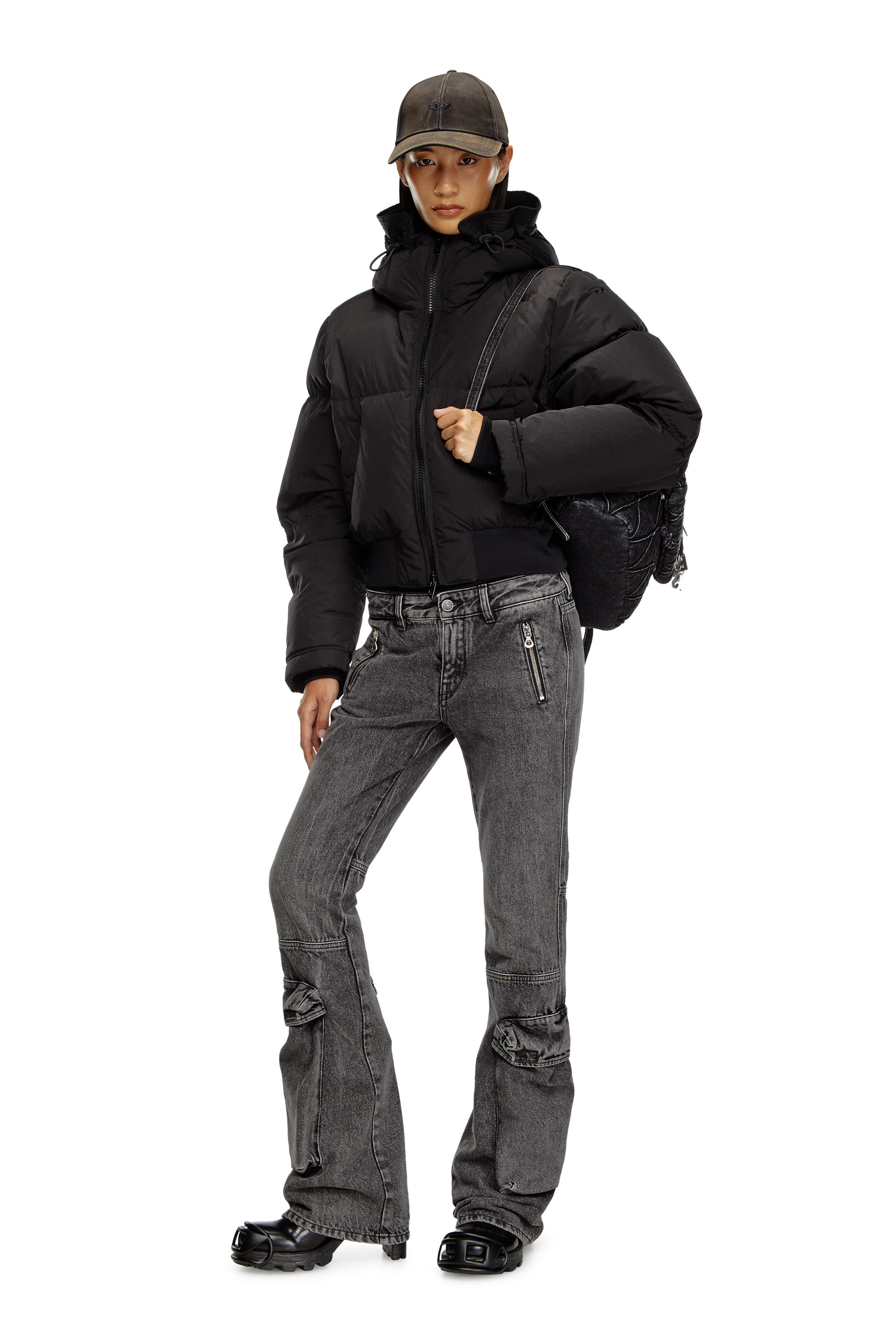 W-PEYT-SHORT-NEW-P1, Black Diesel - W-PEYT-SHORT-NEW-P1, Woman's Hooded down jacket in crinkled nylon in Black - 1