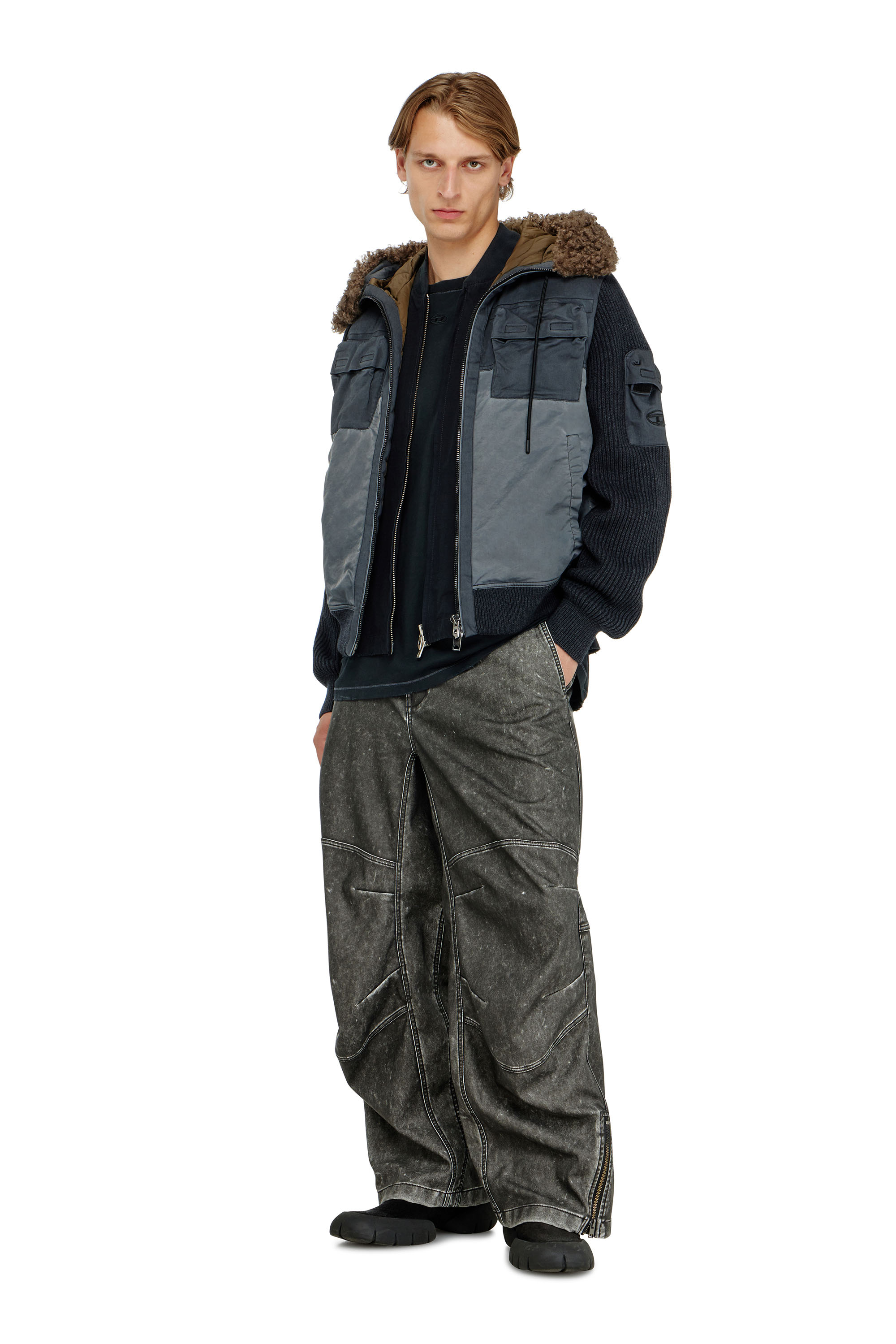 Diesel - W-DELLS, Man's Hooded padded jacket with knitted sleeves in Dark Blue - 2