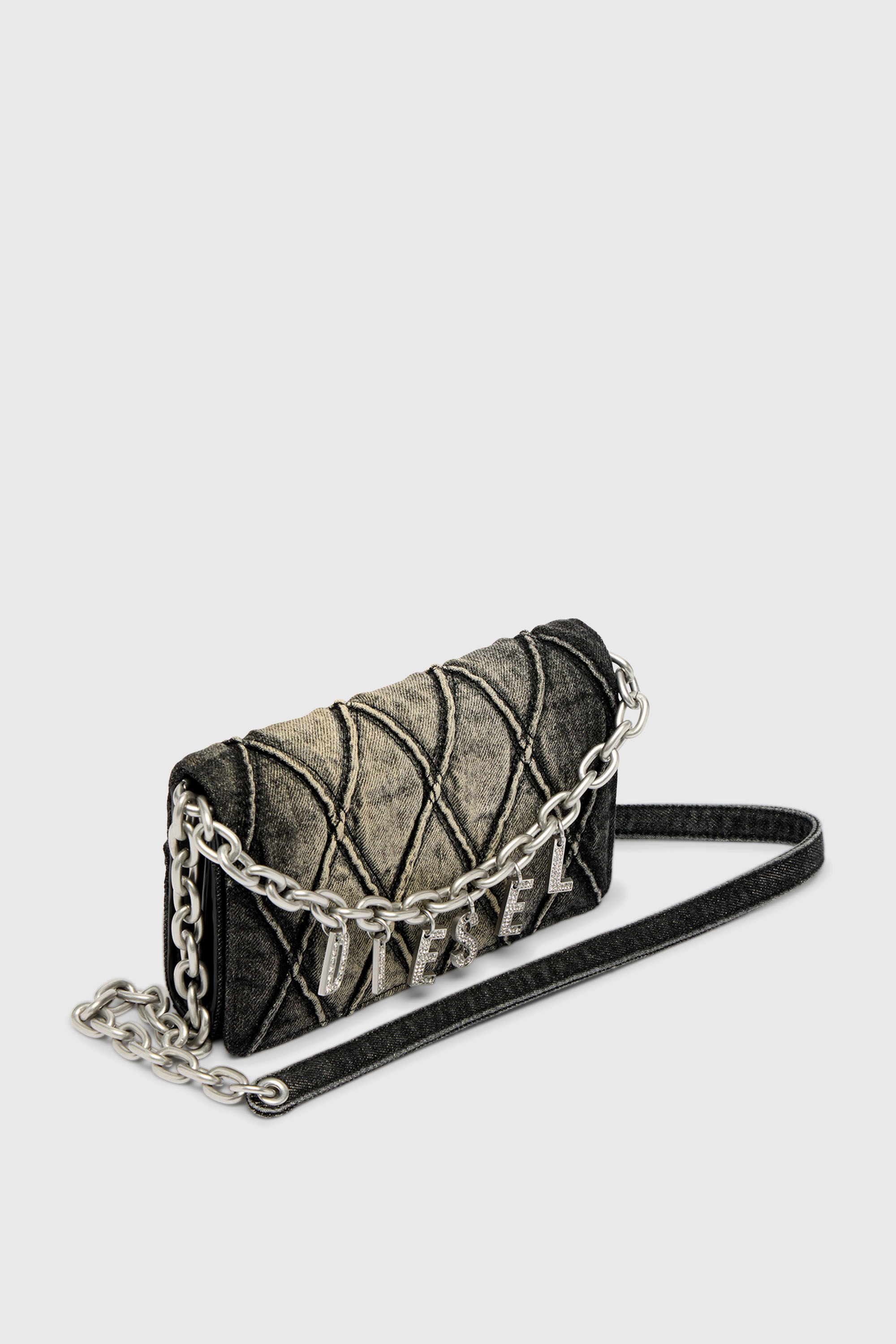 Diesel - CHARM-D WALLET STRAP, Woman's Wallet purse in argyle quilted denim in Black - 5