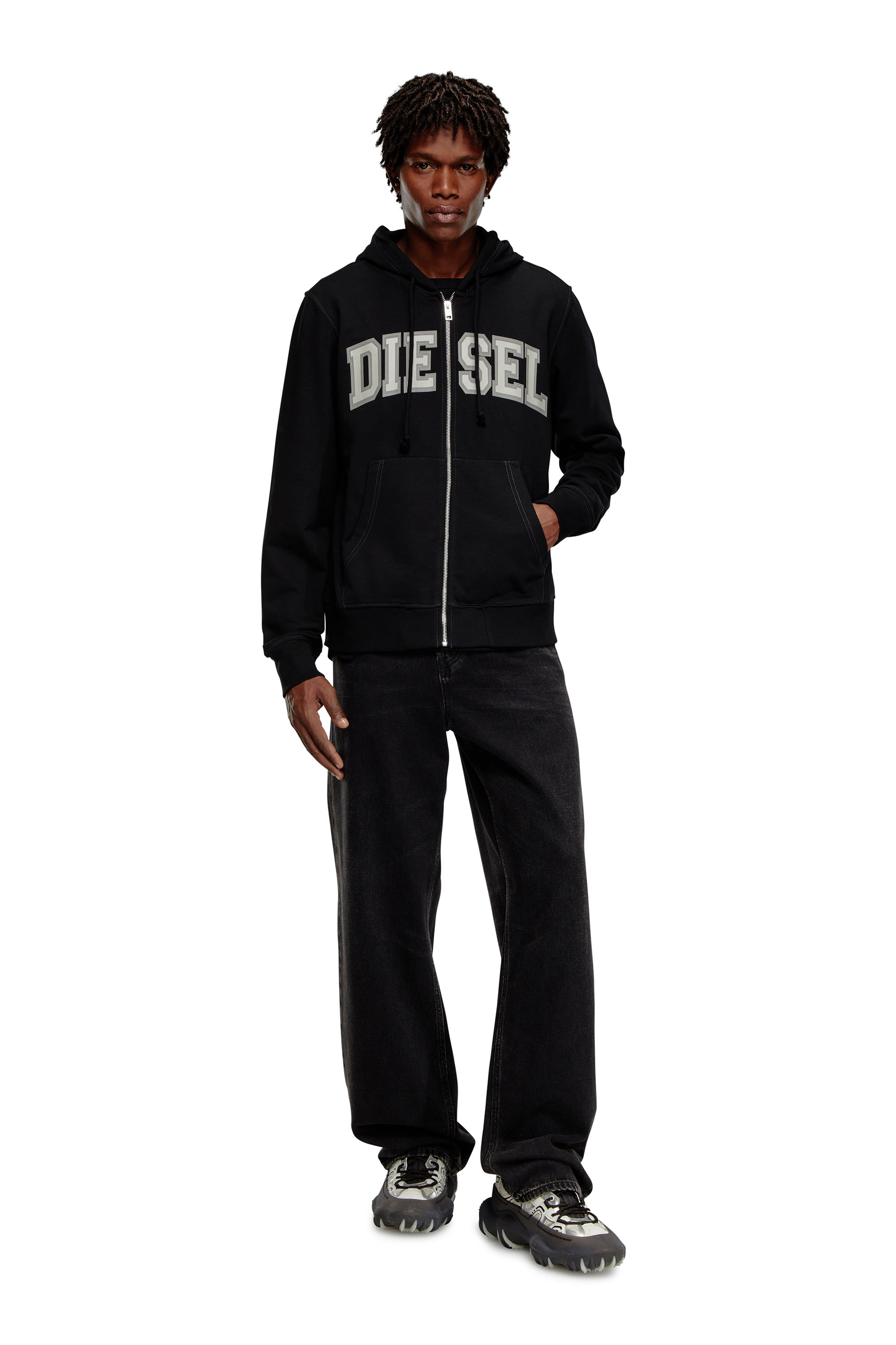 Diesel - S-GINN-HOOD-ZIP-K12, Man's Zip-up hoodie with collegiate graphics in Black - 1