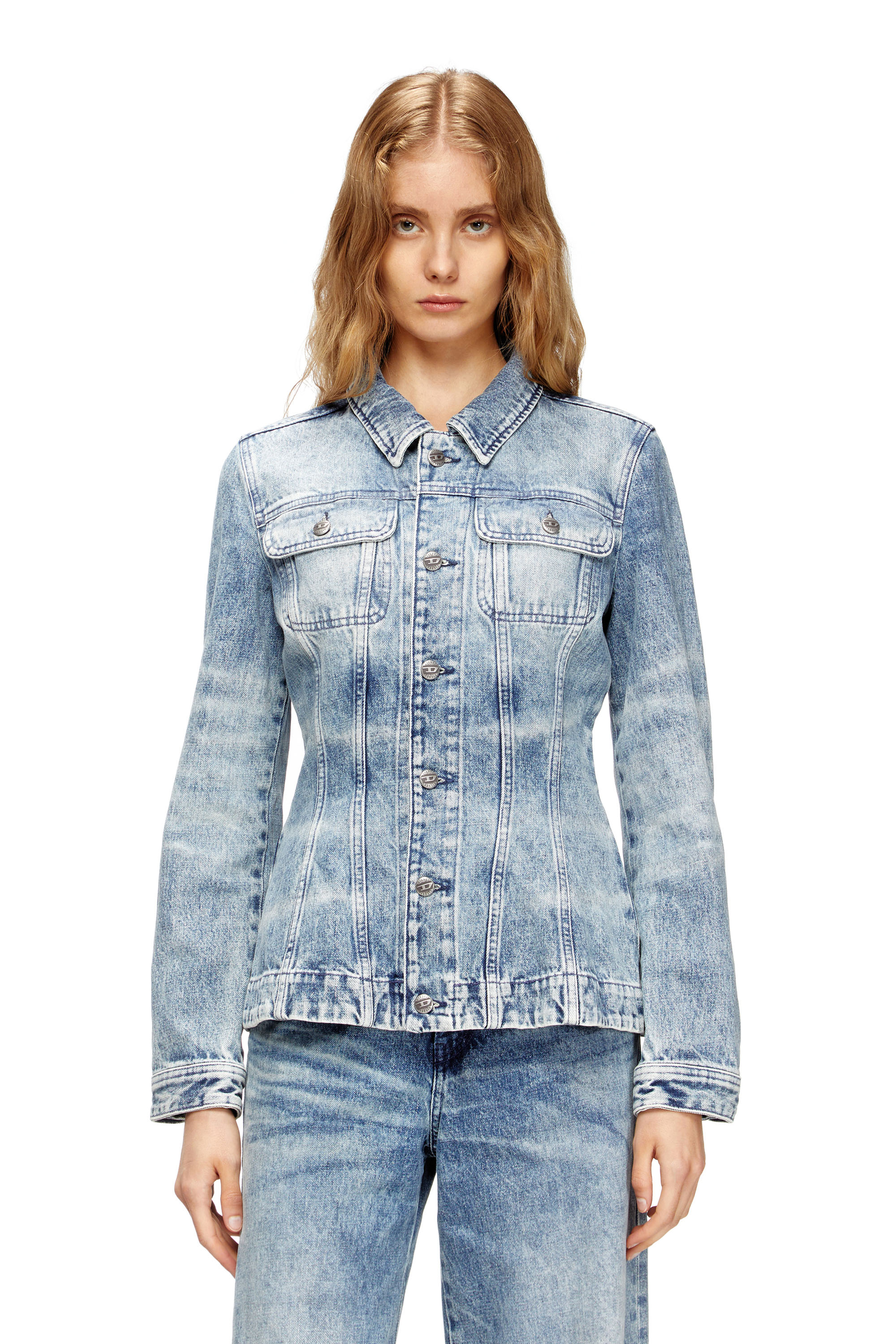 Diesel - DE-KATERIN-FSH, Woman's Fitted jacket in lasered cotton-hemp denim in Light Blue - 1