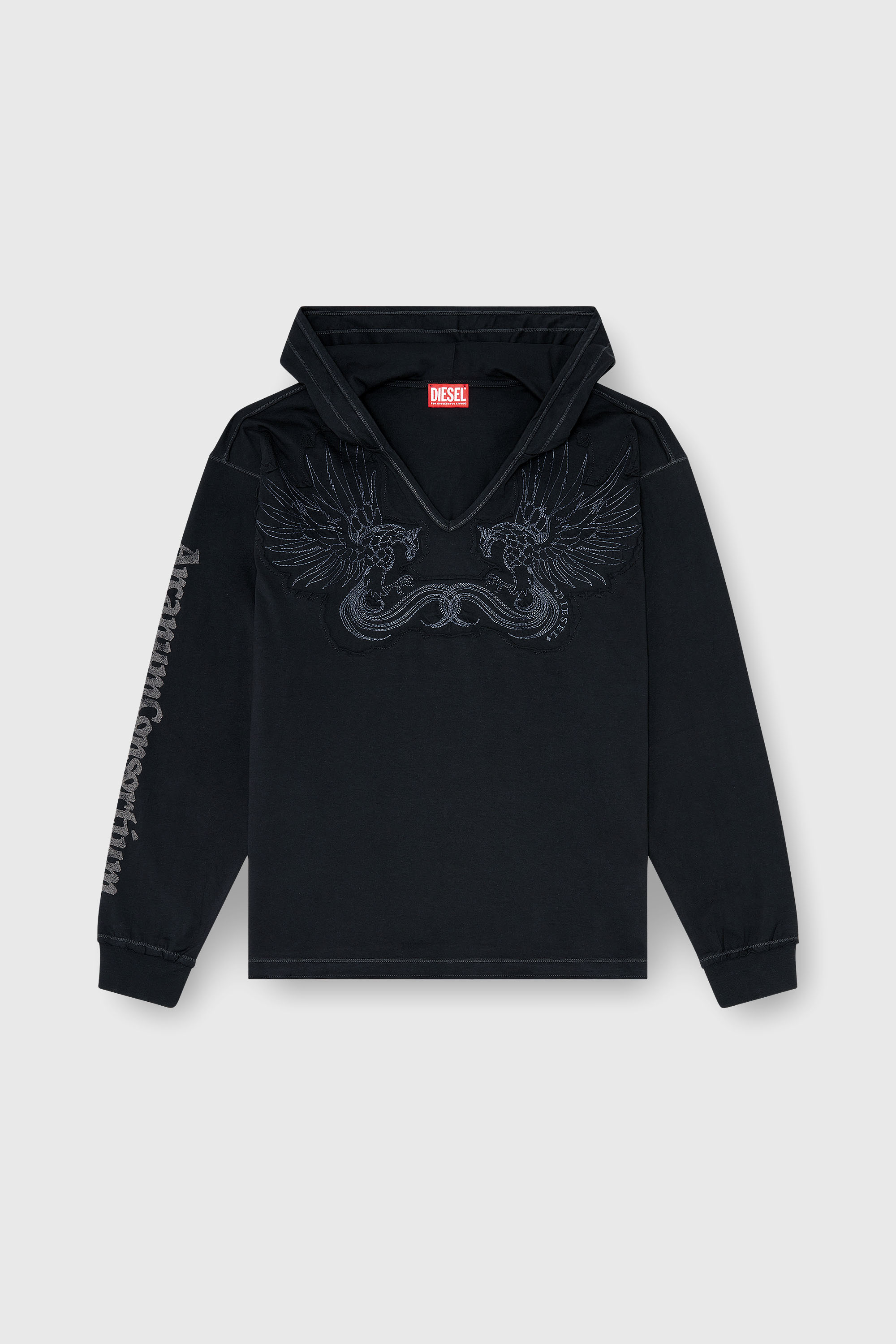 Diesel - T-PHEN-LS-HOOD-RIB, Man's Hoodie with V-neck and embroidered front in Black - 2