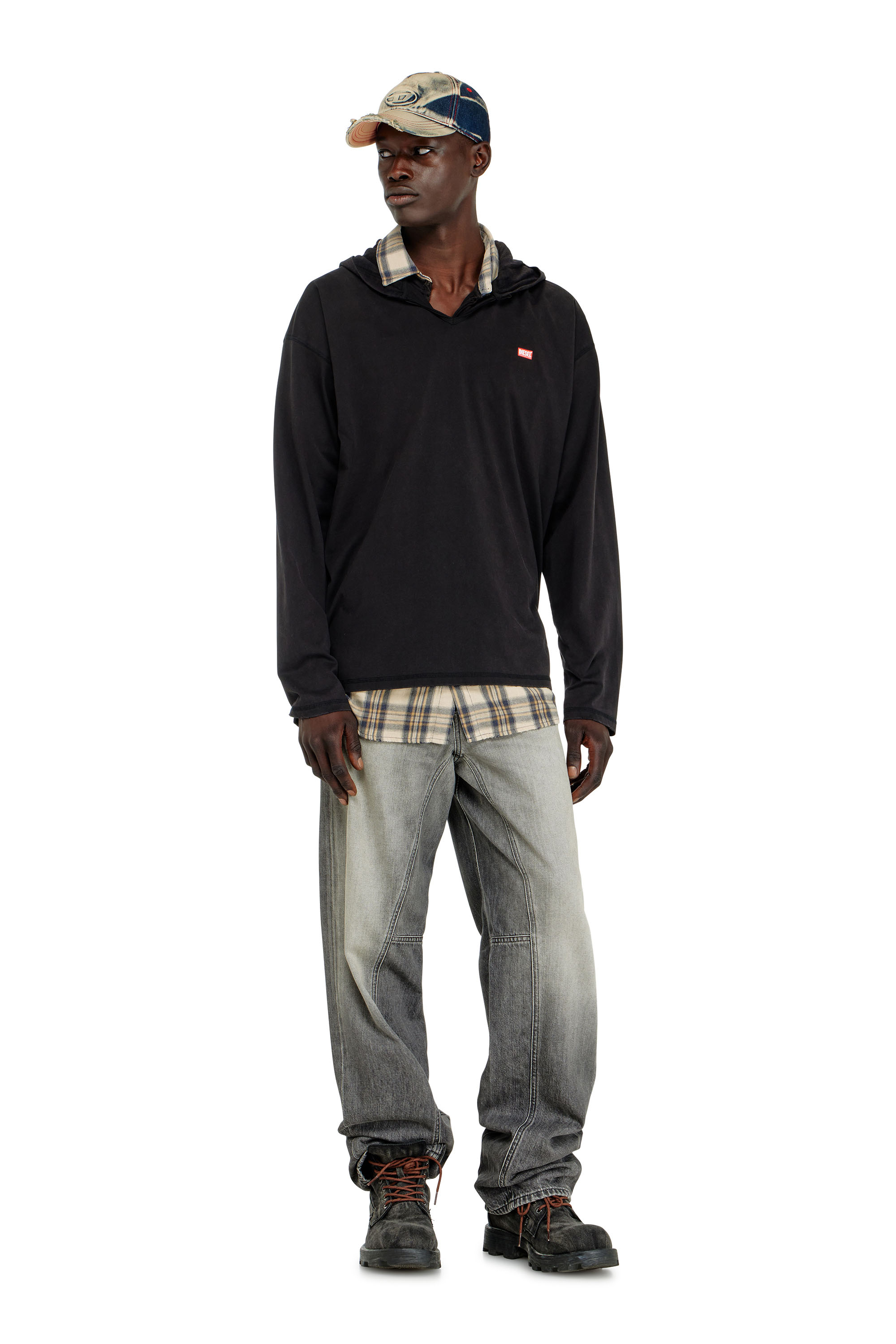 Diesel - T-BOXT-LS-HOOD-CHECK, Man's Long-sleeve T-shirt with flannel hood in null - 1