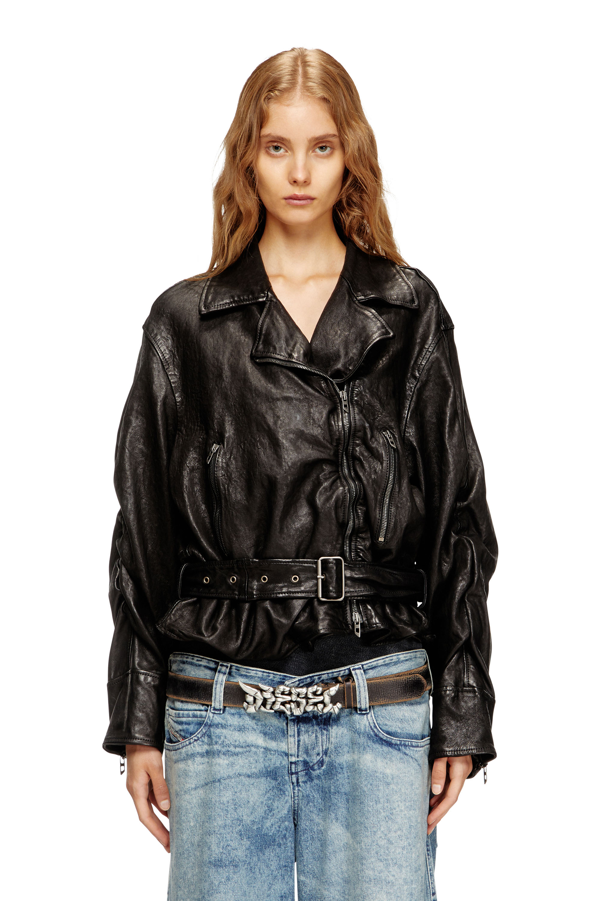 Diesel - L-OYS, Woman's Belted jacket in boiled leather in Black - 3