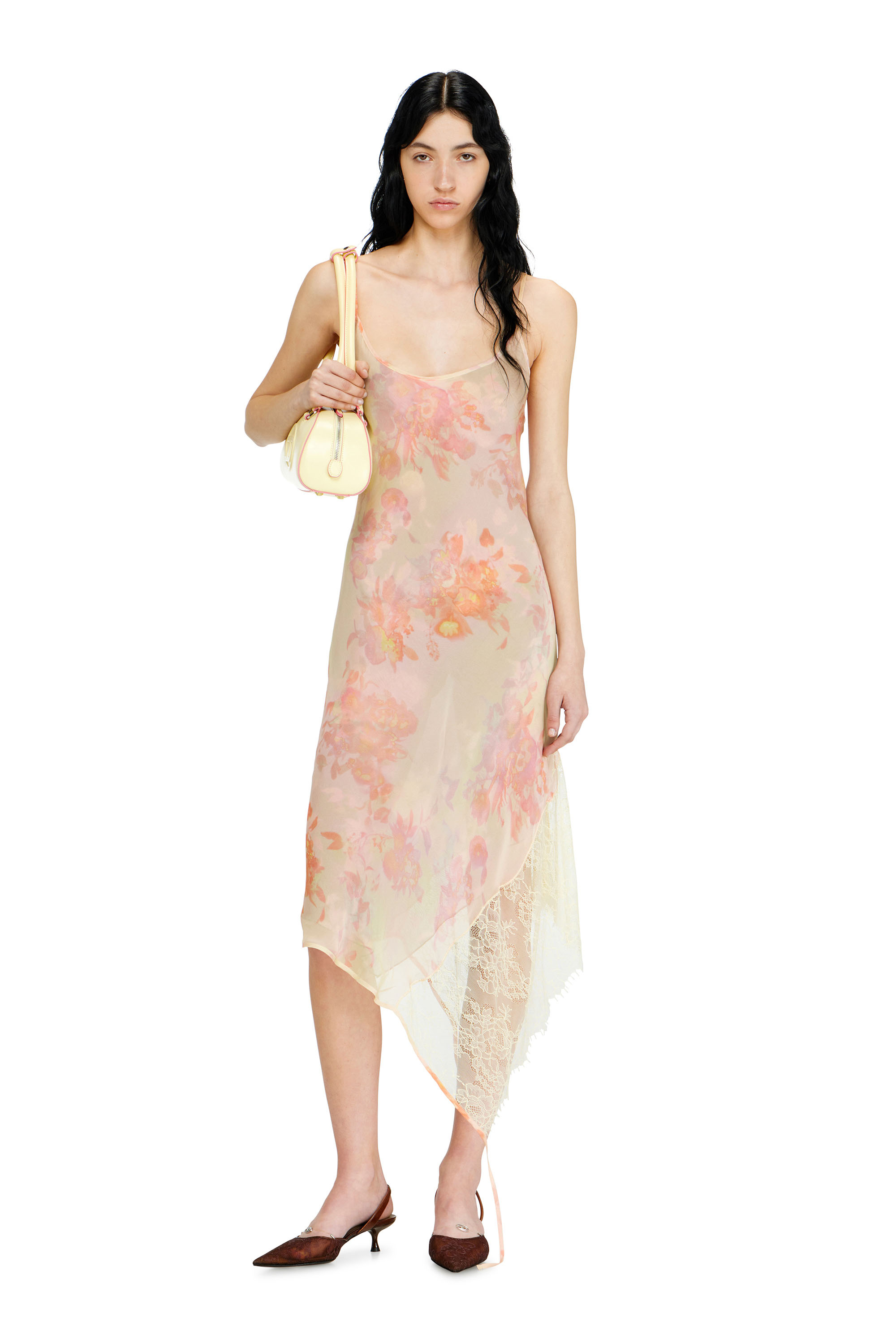 Diesel - D-ANCEL, Woman's Midi slip dress with floral print and lace trim in Yellow - 1