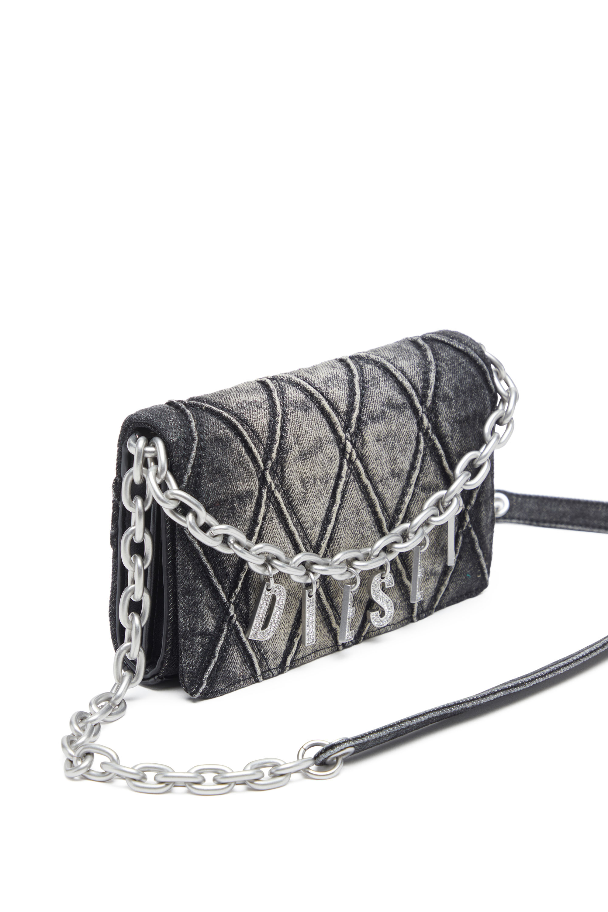 Diesel - CHARM-D WALLET STRAP, Woman's Wallet purse in argyle quilted denim in Black - 5