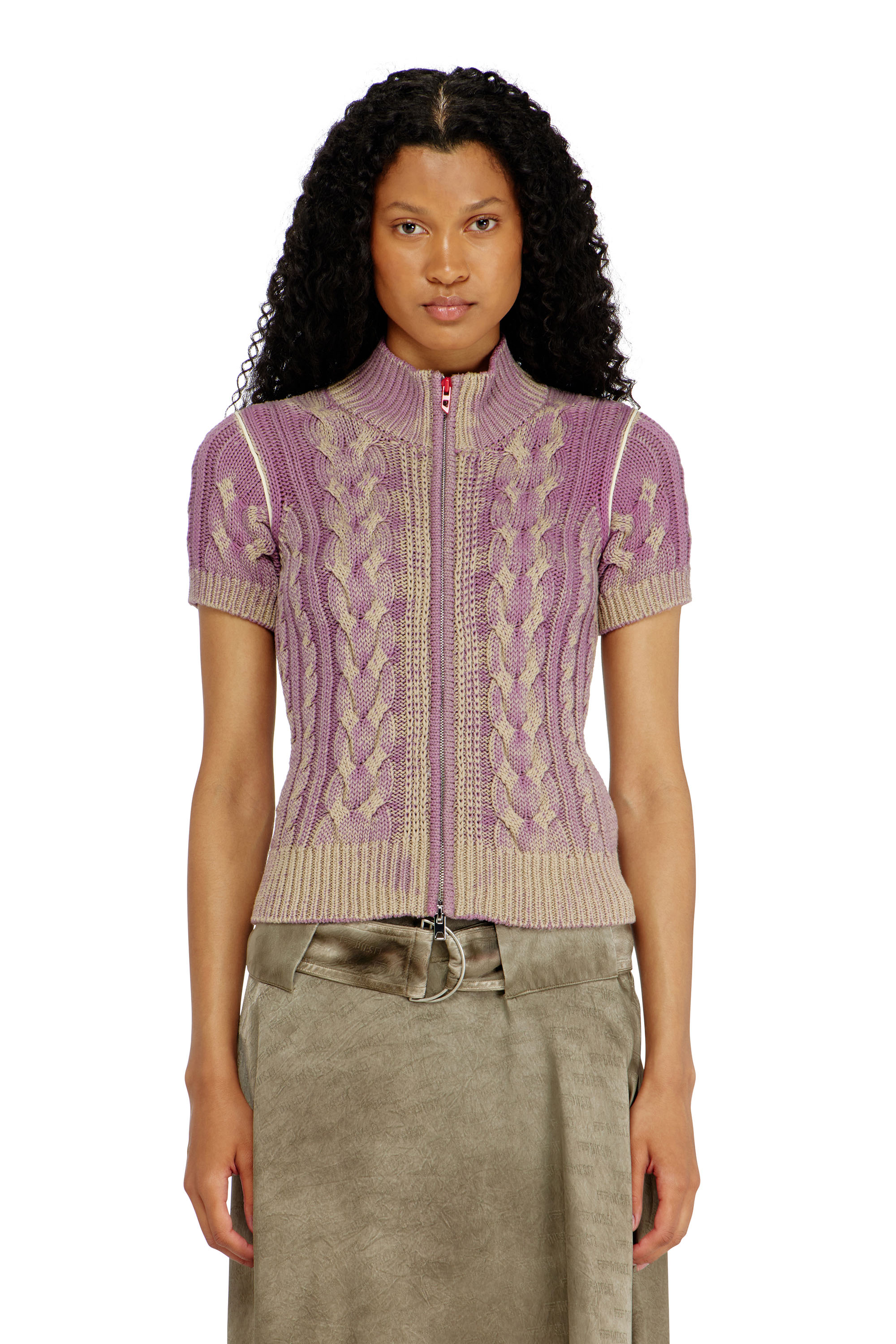 Diesel - M-ELANA, Woman's Short-sleeve zip cardigan in cable knit in Violet - 1