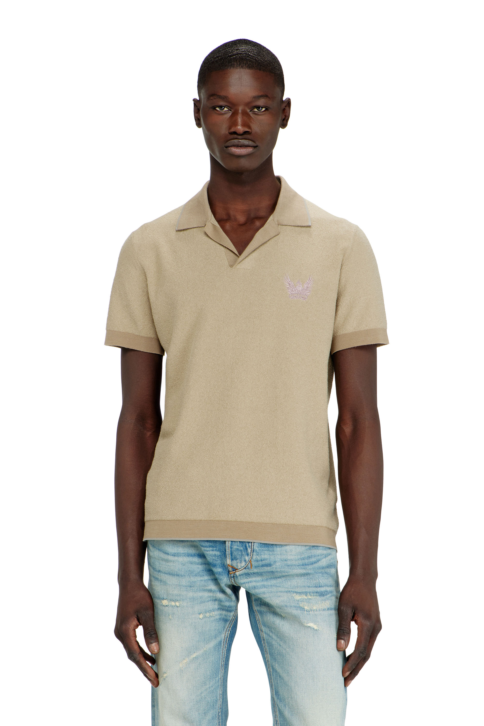 Diesel - K-RAILES, Man's Boucl&eacute;-knit polo shirt with Phoenix logo in Beige - 1