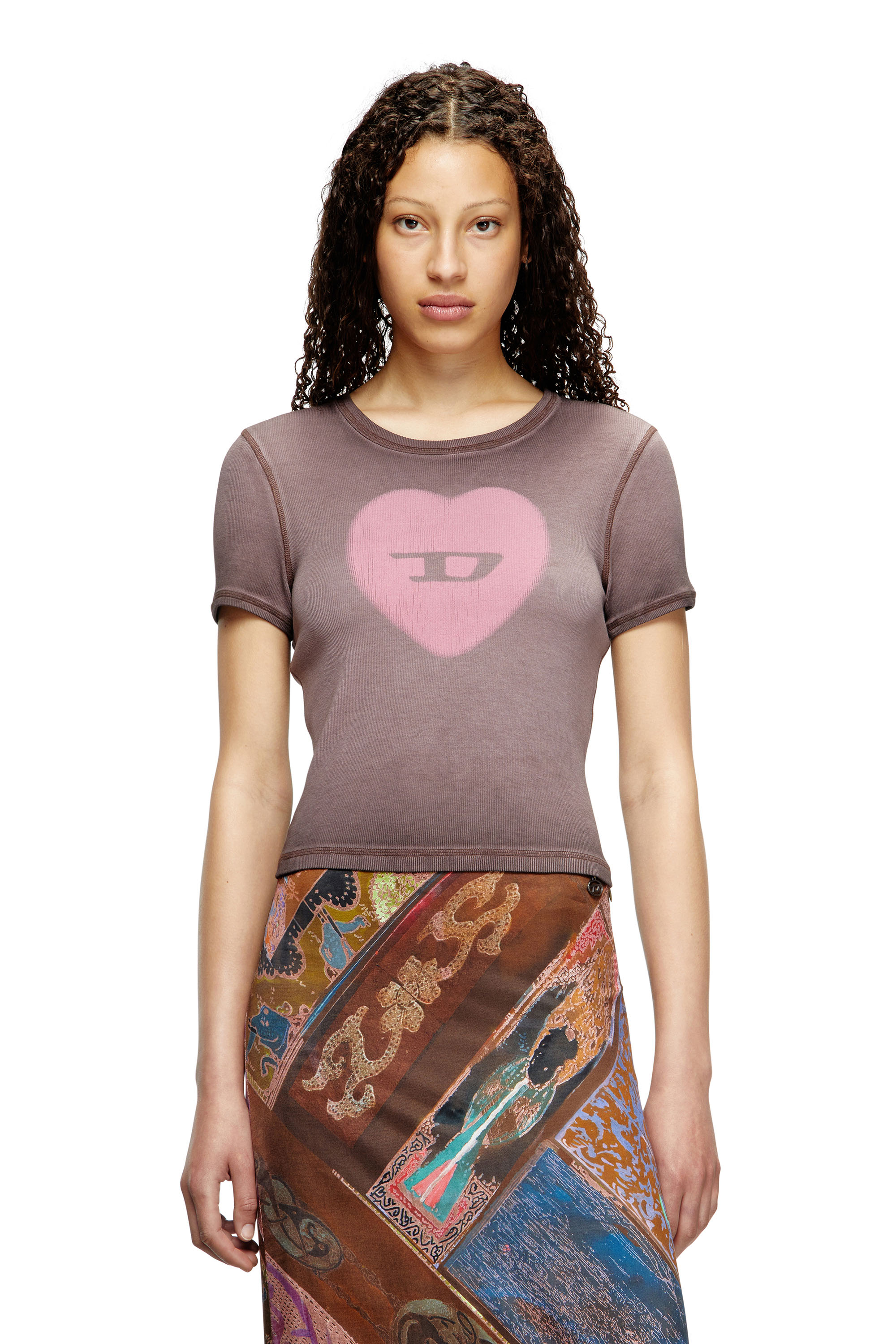 Diesel - T-ELE, Woman's Ribbed T-shirt with watercolour heart D in Violet - 3