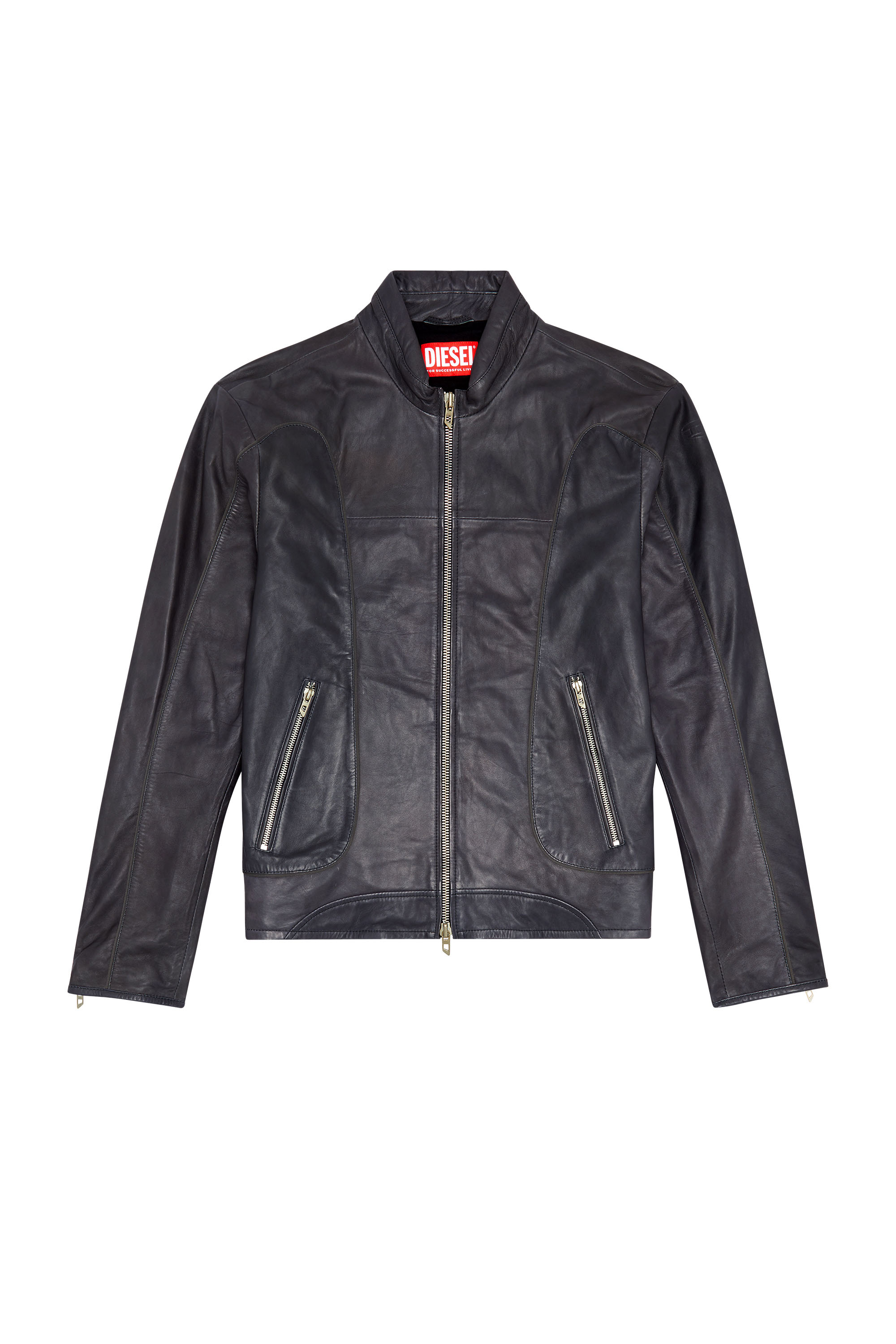Diesel - L-KRIX, Man's Leather biker jacket with piping in Black - 2