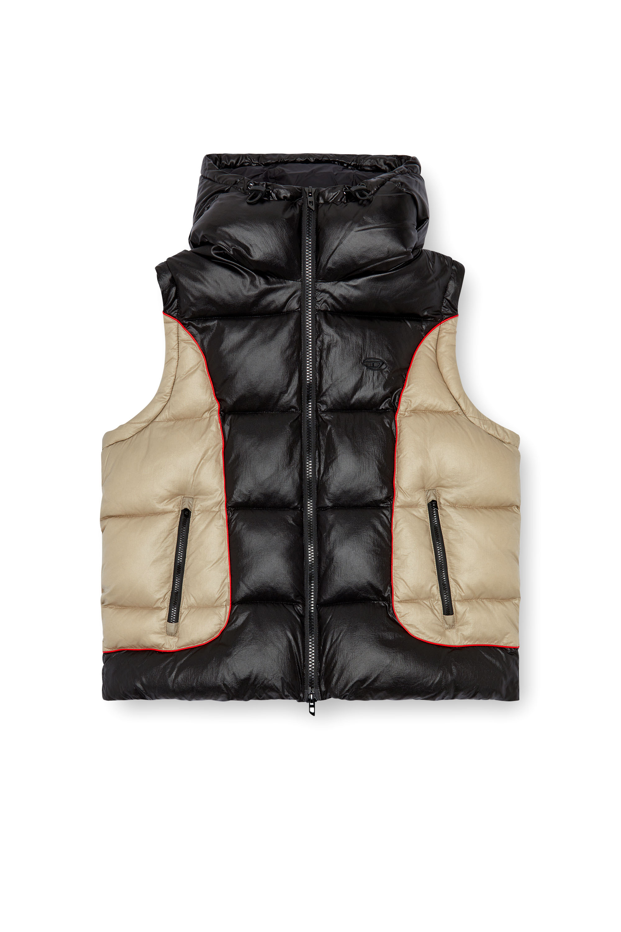 Diesel - W-OSTEND-SL, Man's Hooded puffer vest in shiny ripstop in Black/Beige - 3