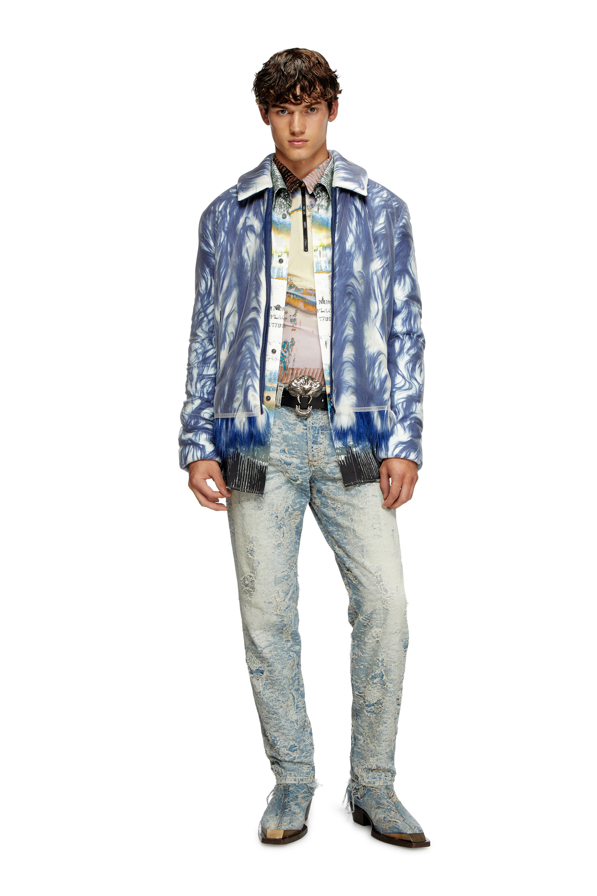 Diesel - W-WOUFY, Man's Fluffy jacket with sheer tulle overlay in Blue - 2