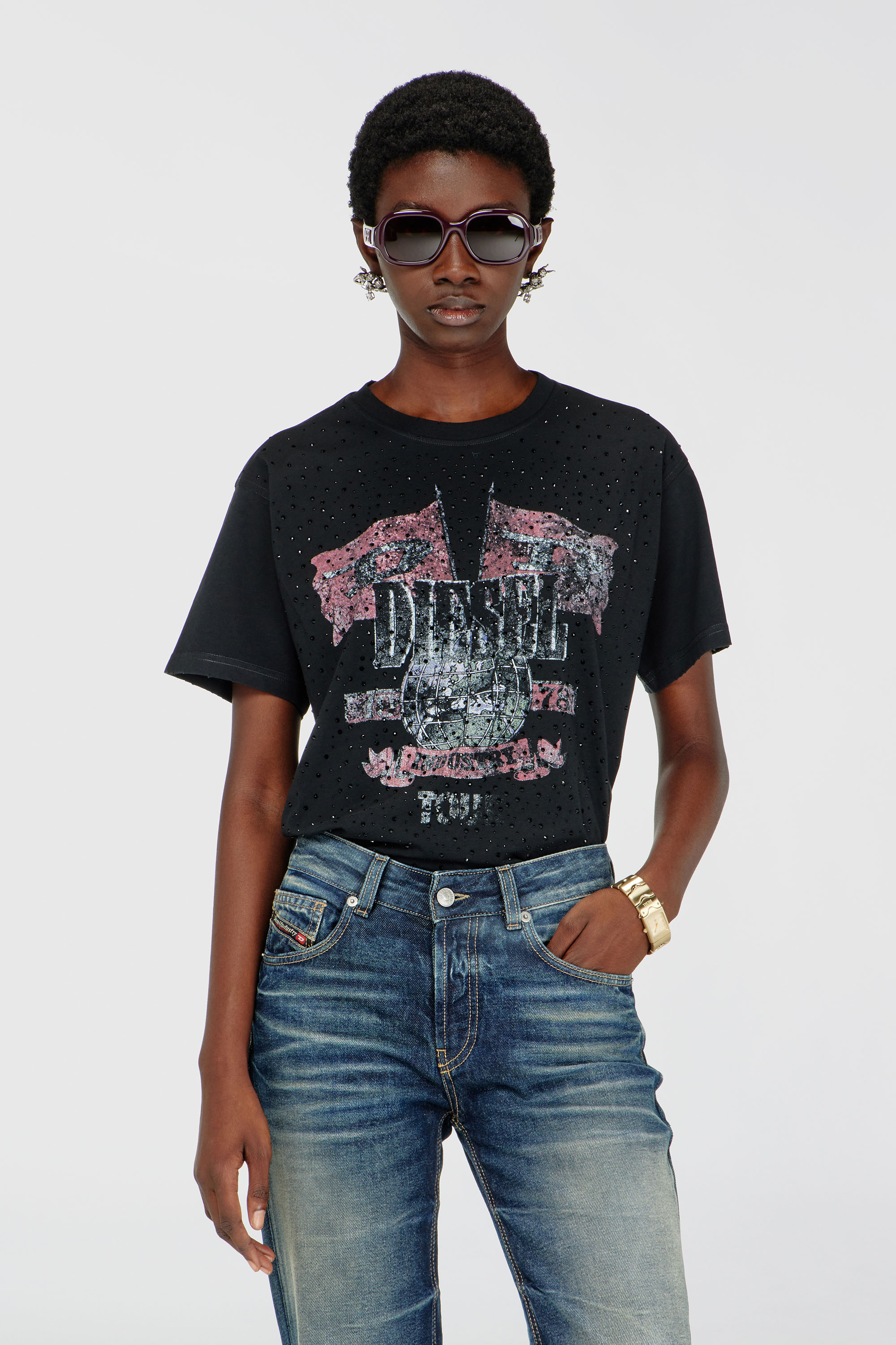 Diesel - T-MARLY, Woman's T-shirt with concert graphics and crystals in Black - 3