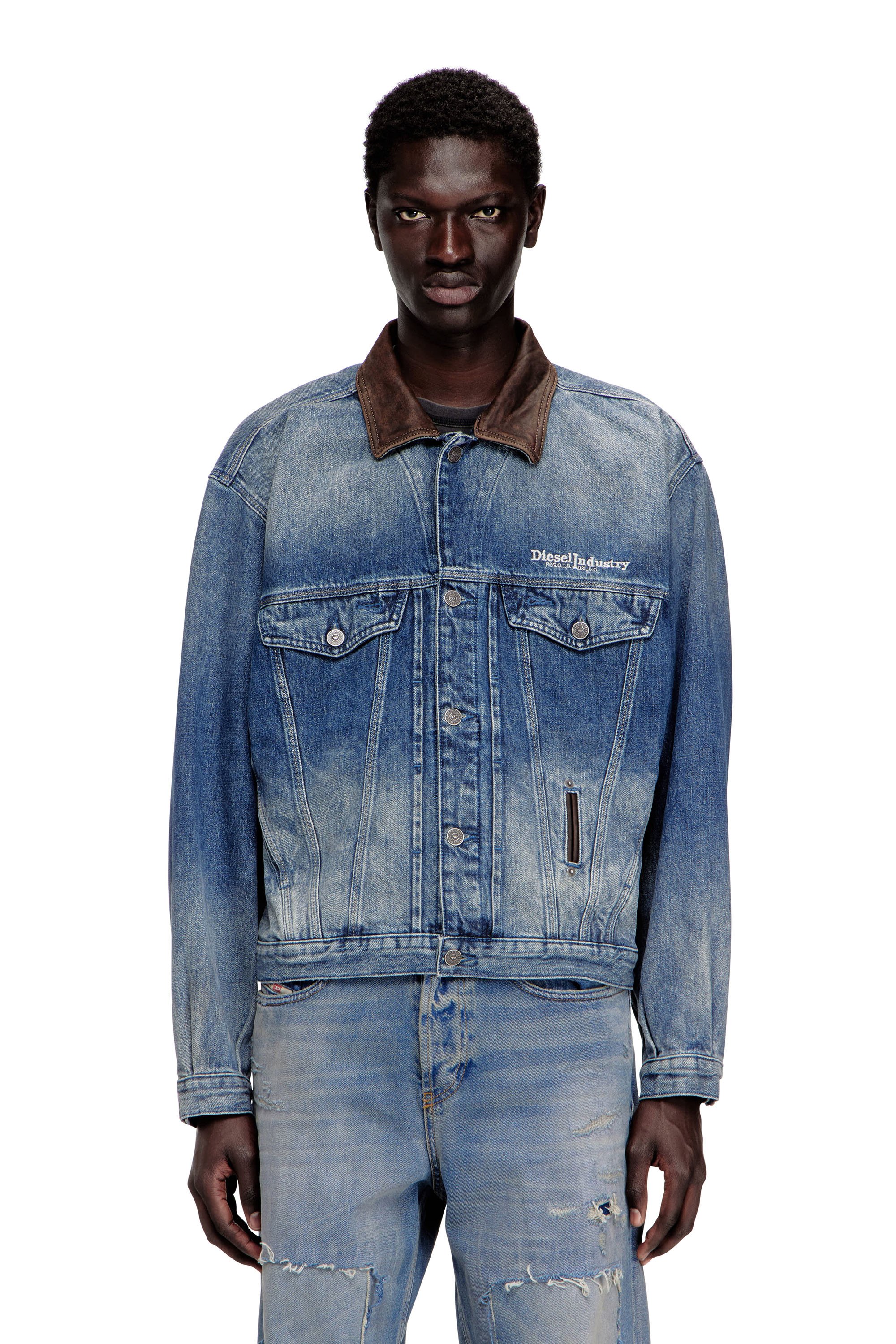 Diesel - D-DENVER-S1, Unisex's Denim trucker jacket with contrast leather trims in Blue - 1
