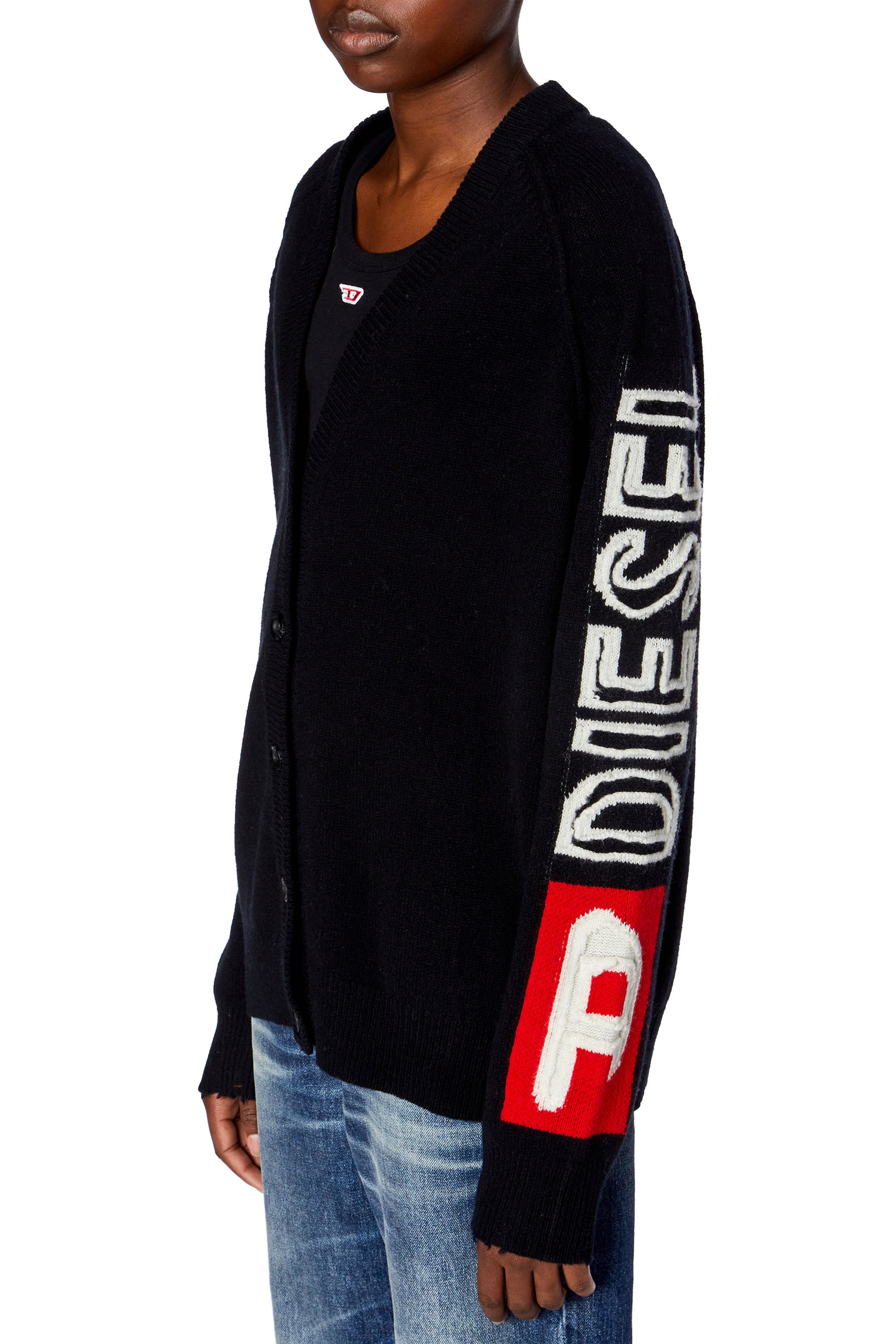 Diesel - M-SARRI, Woman's Cardigan in wool with cut-up logo in Black - 4