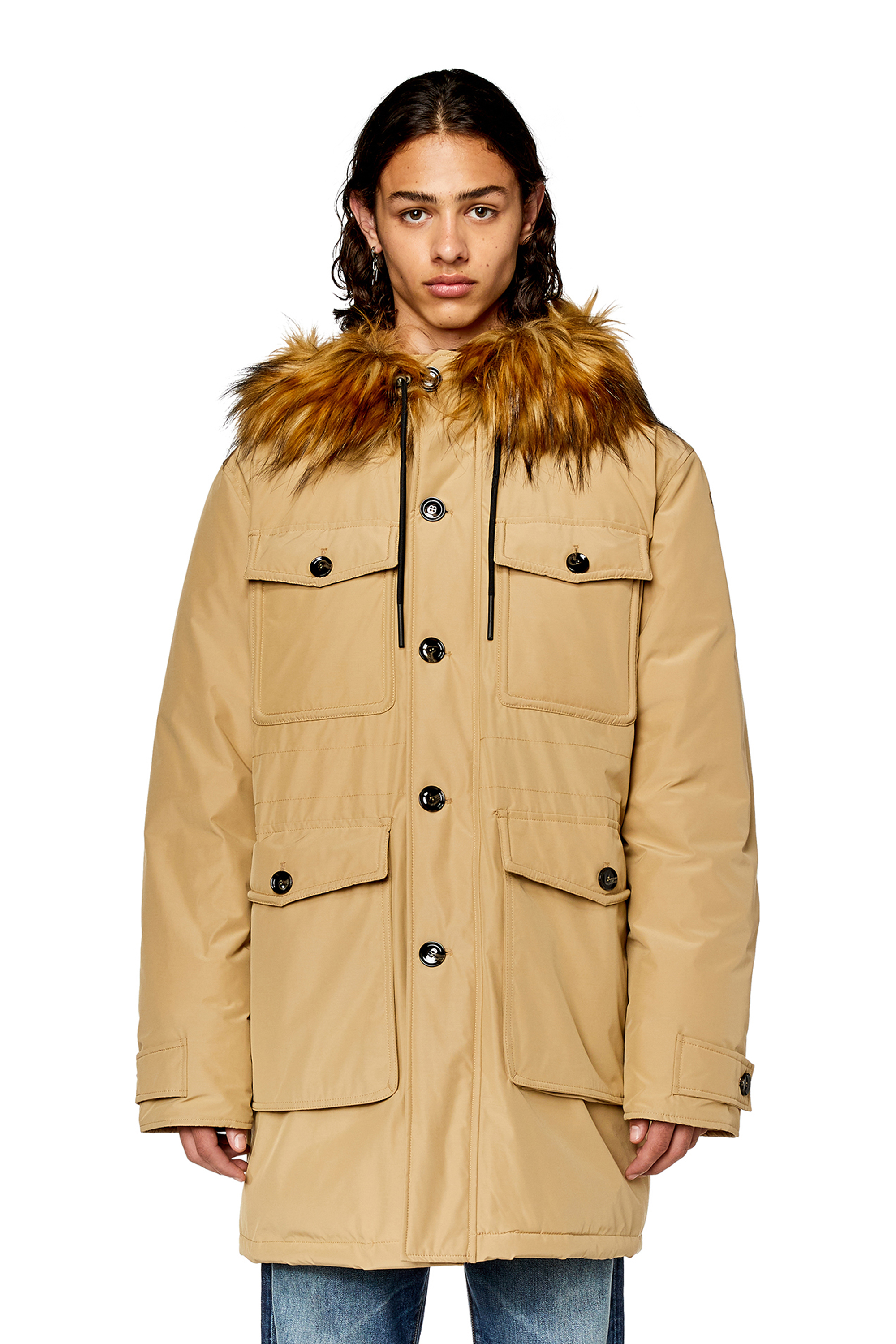 Diesel - W-JORGY, Man's Padded parka with fluffy trim at hood in Light Brown - 5